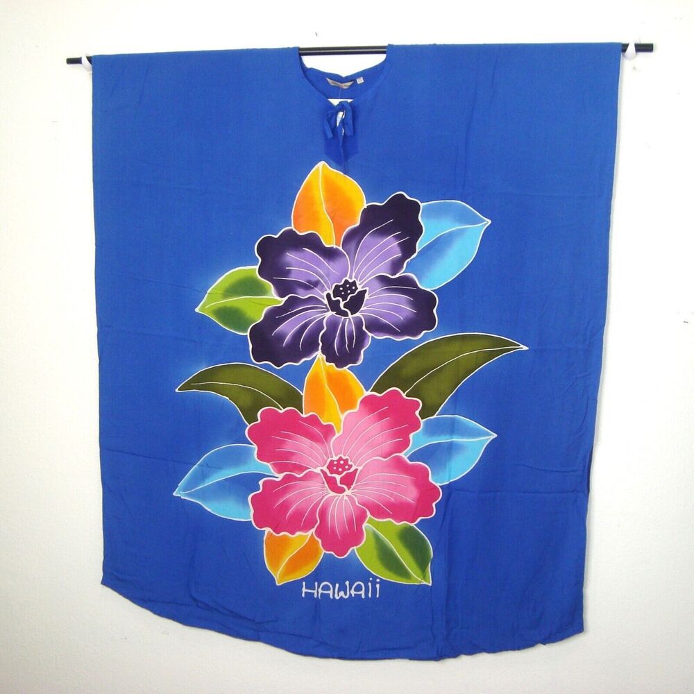 NEW Tropical Group Hawaiian Muumuu Caftan Blue Hand Painted Floral Maxi One Size